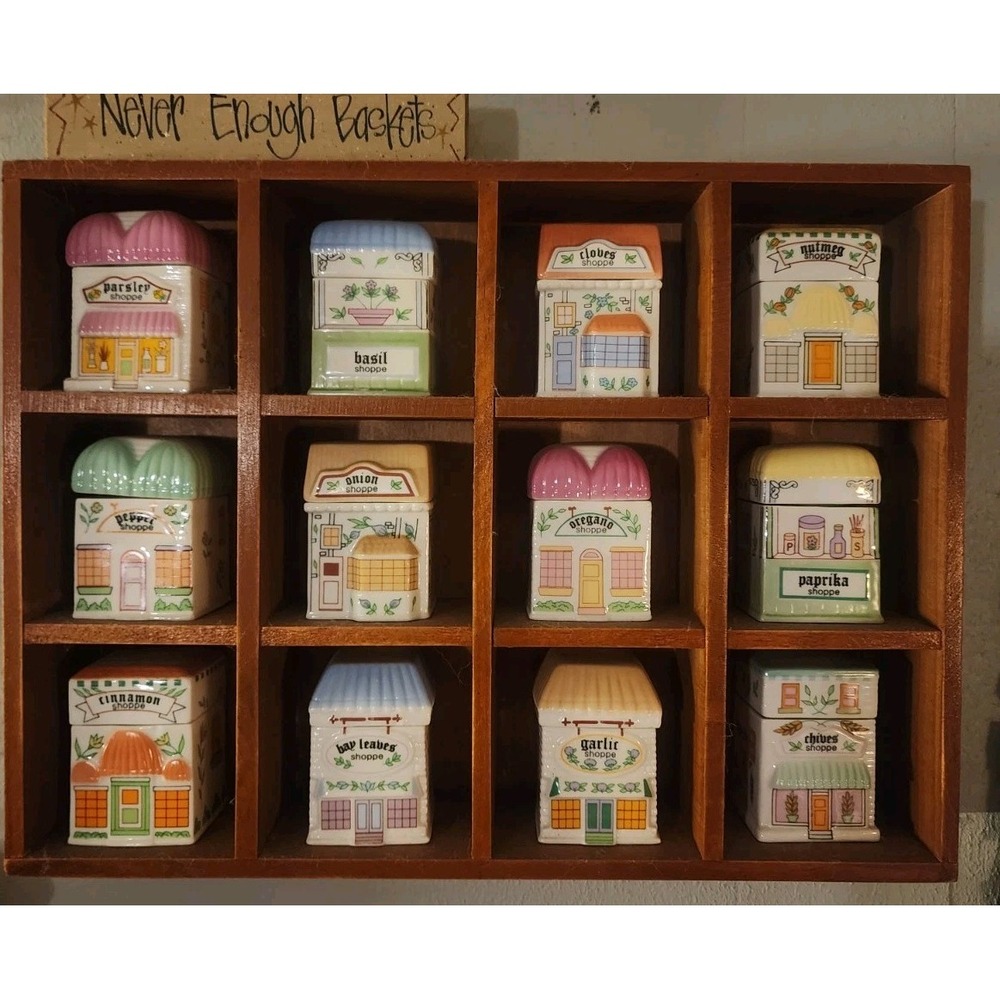 Vintage EPI International Market Spice Village Set, 12 Jars & Display Shelf Rare
